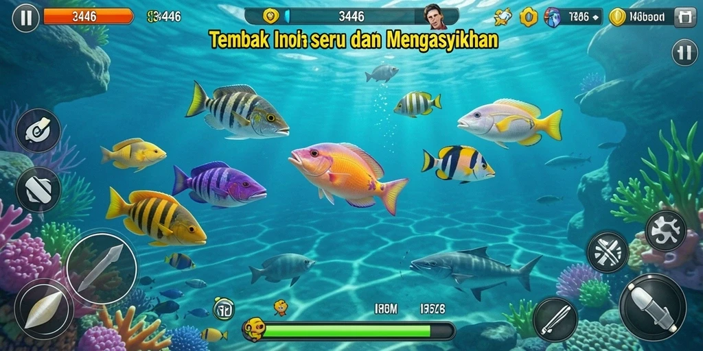 Tangkapan layar menampilkan aksi menembak ikan dalam permainan 3446.