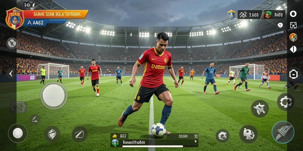 Screenshot dari gameplay AA62 yang menampilkan aksi sepak bola yang mendebarkan.
