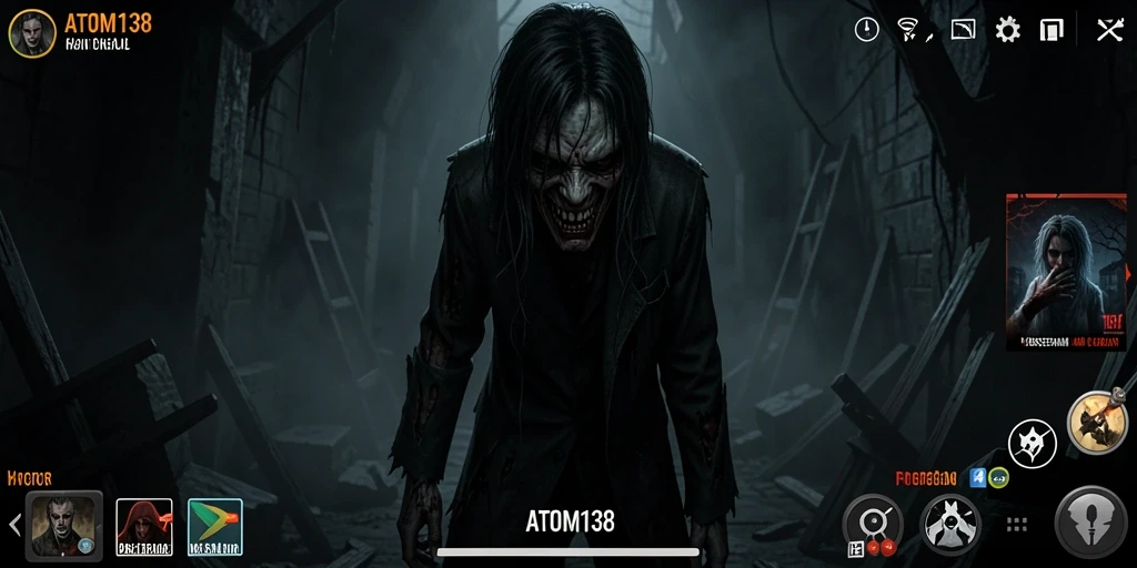 Screenshot gameplay <strong>ATOM138</strong> menampilkan suasana horor yang mencekam dan karakter menakutkan.