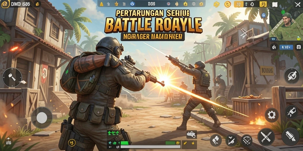 Screenshot DMD686 menampilkan pertempuran intens di medan pertempuran Battle Royale.