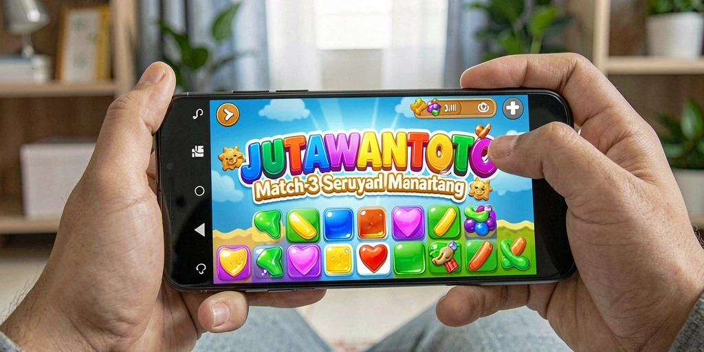 Tampilan gameplay seru dari JUTAWANTOTO, permainan Match-3 yang menyenangkan.