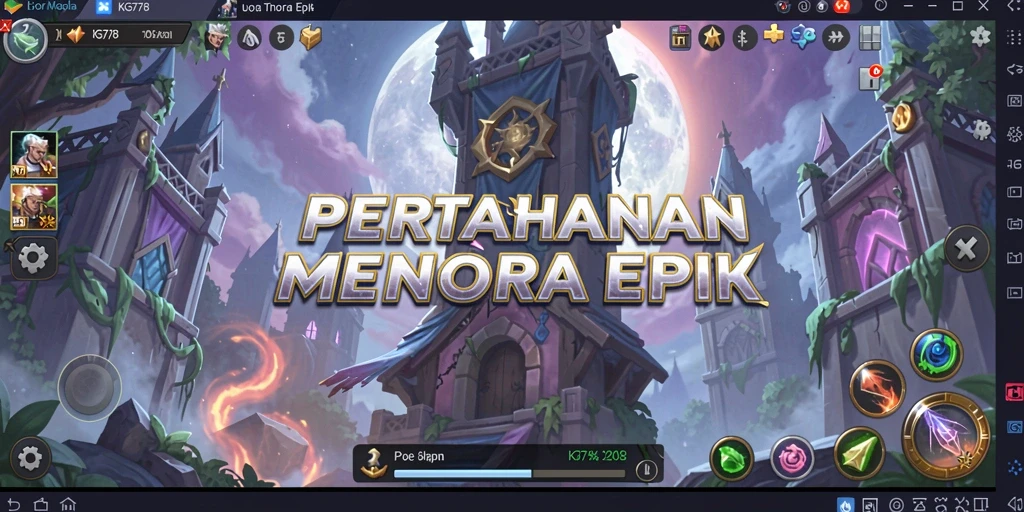 Screenshot gameplay menampilkan pertempuran Tower Defense yang intens.