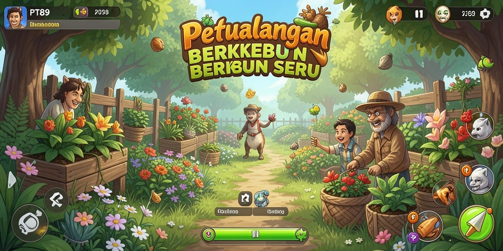 Tampilan gameplay PT89 dengan suasana berkebun yang ceria.