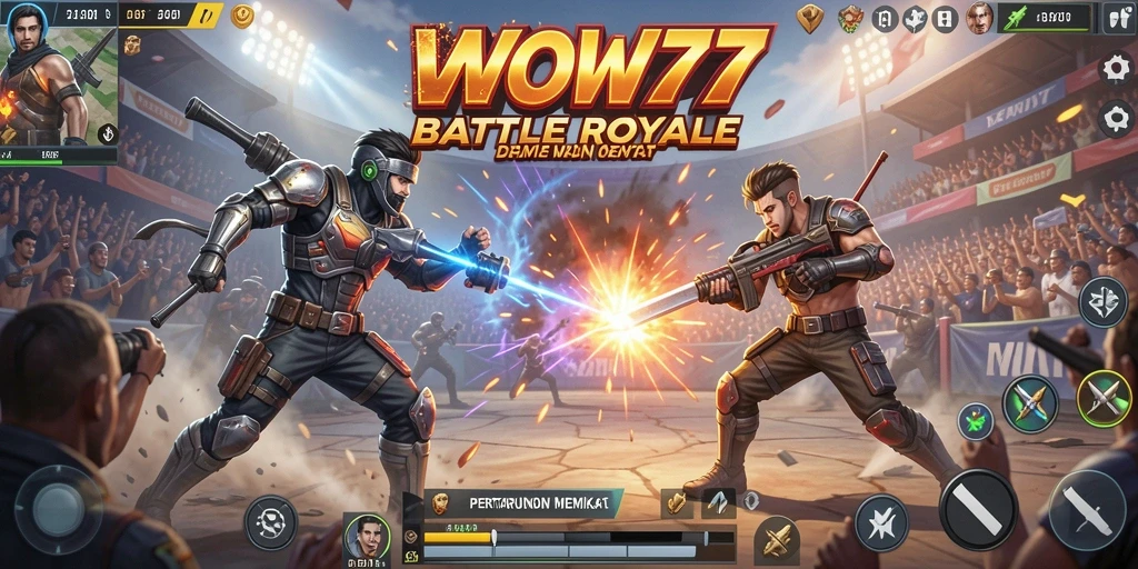 Screenshot gameplay WOW77 menampilkan aksi seru di arena Battle Royale.